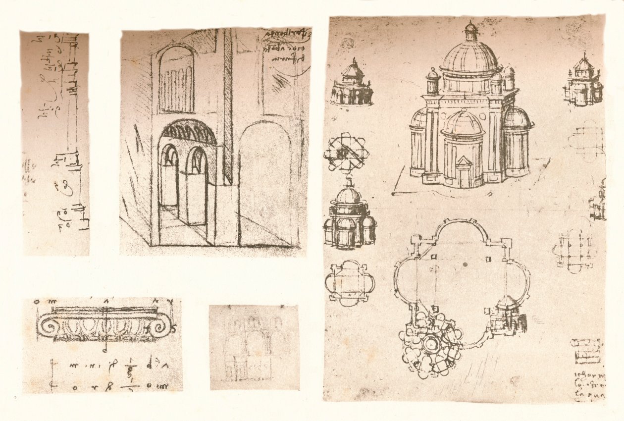 Fem arkitektoniska ritningar, c1472-c1519 1883 av Leonardo da Vinci