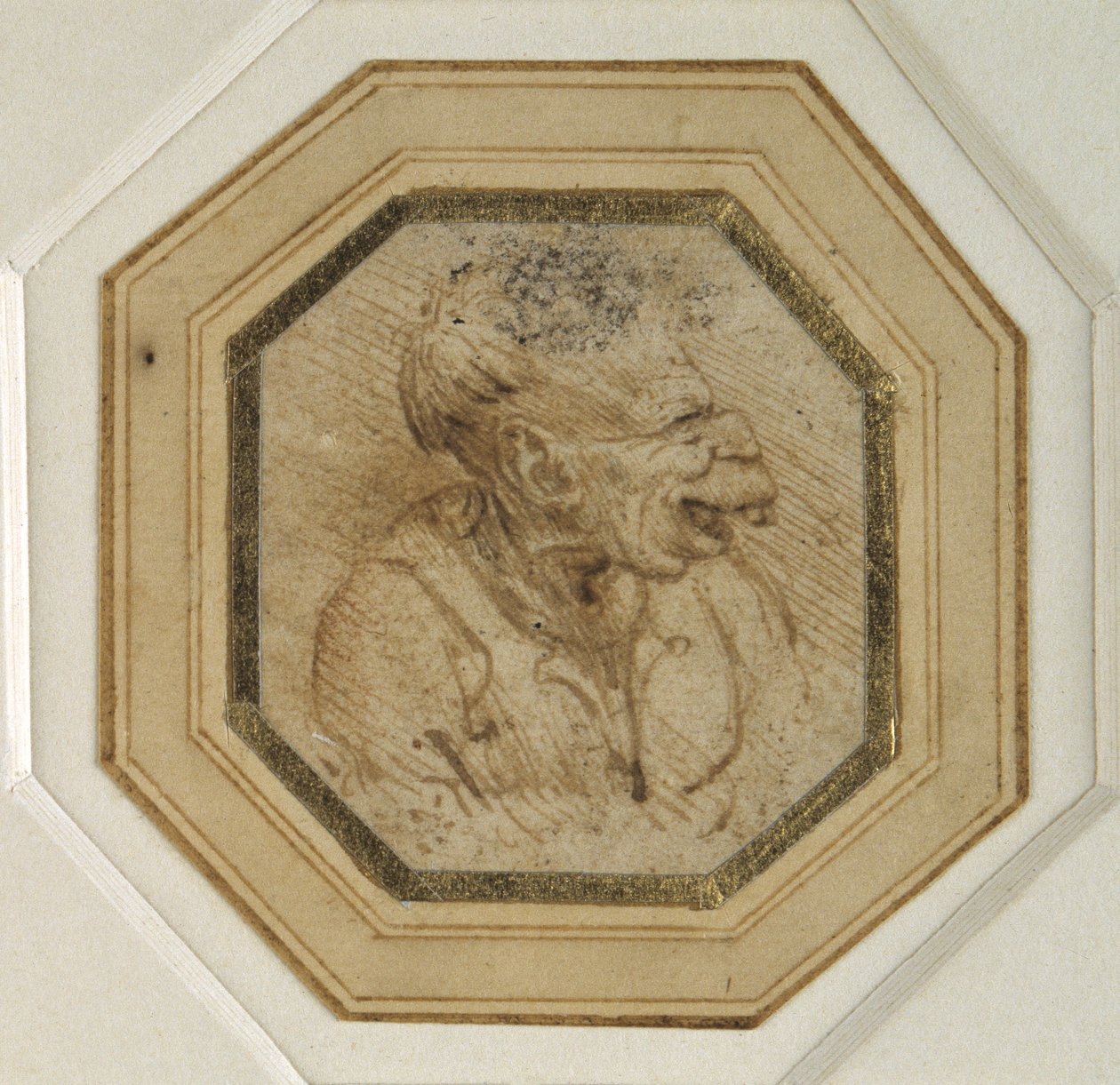 Groteskt huvud (penna och bläck på papper) av Leonardo da Vinci