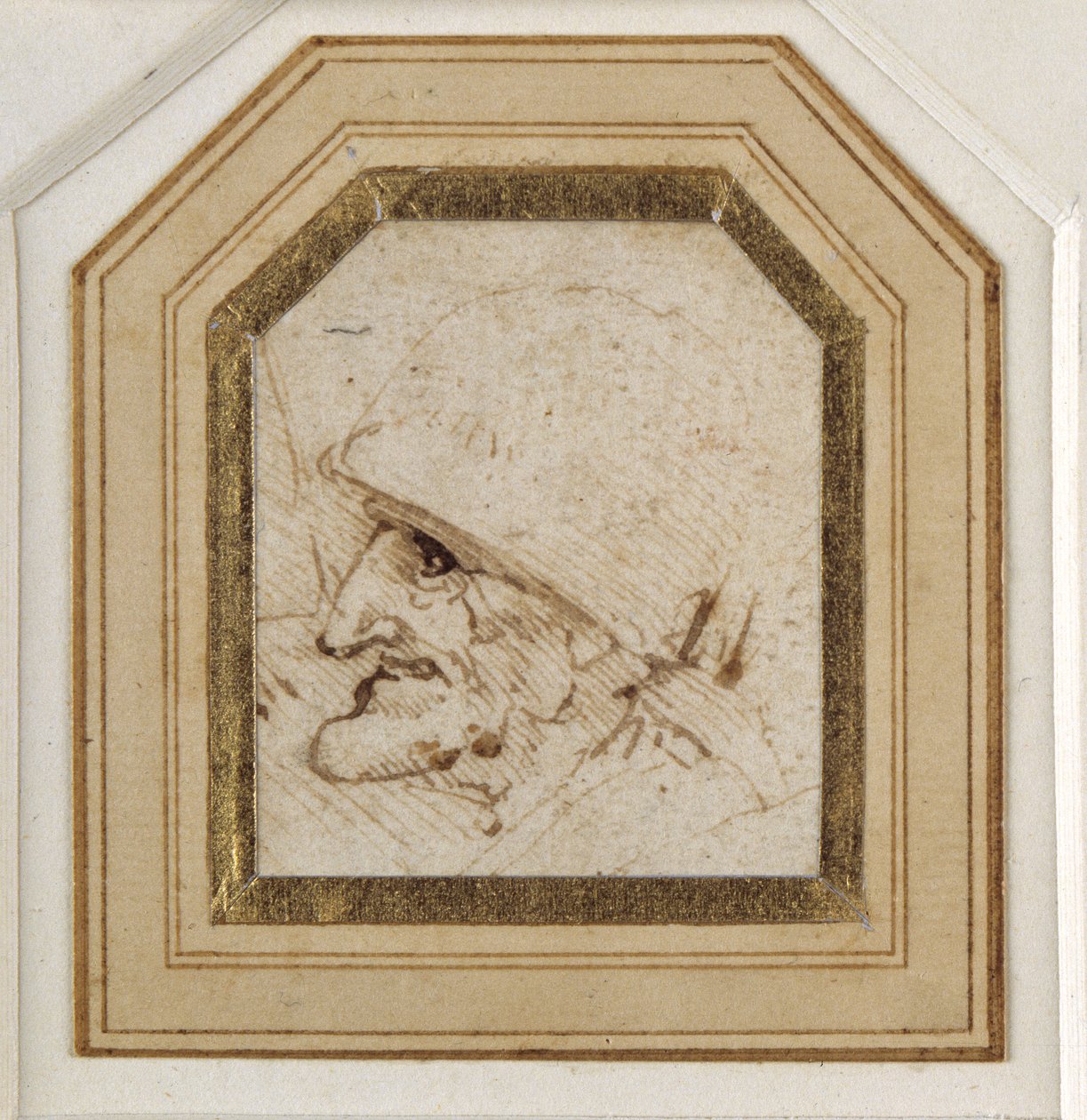 Groteskt huvud (penna och bläck på papper) av Leonardo da Vinci