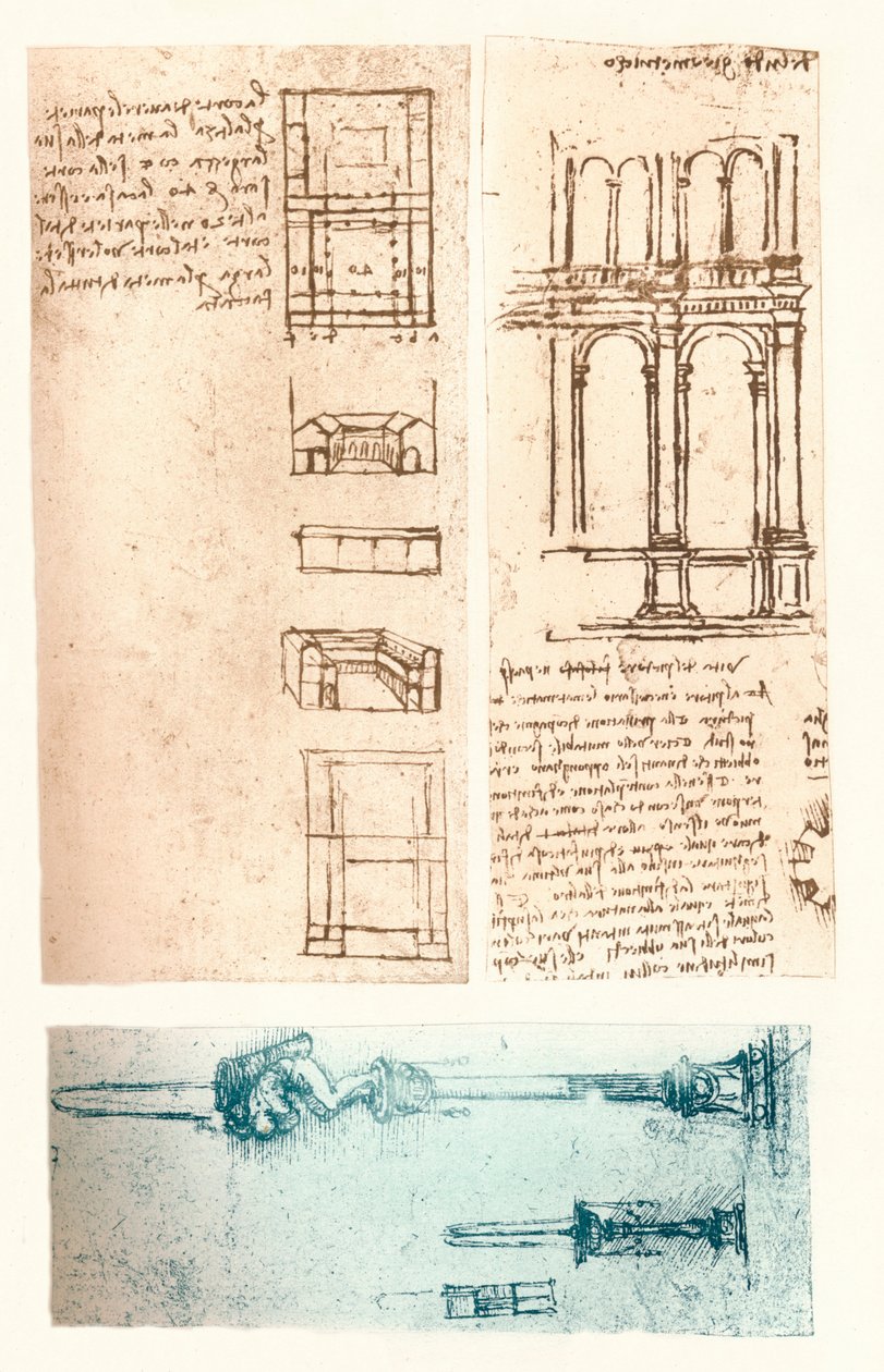 Tre arkitektoniska ritningar, c1472-c1519 1883 av Leonardo da Vinci