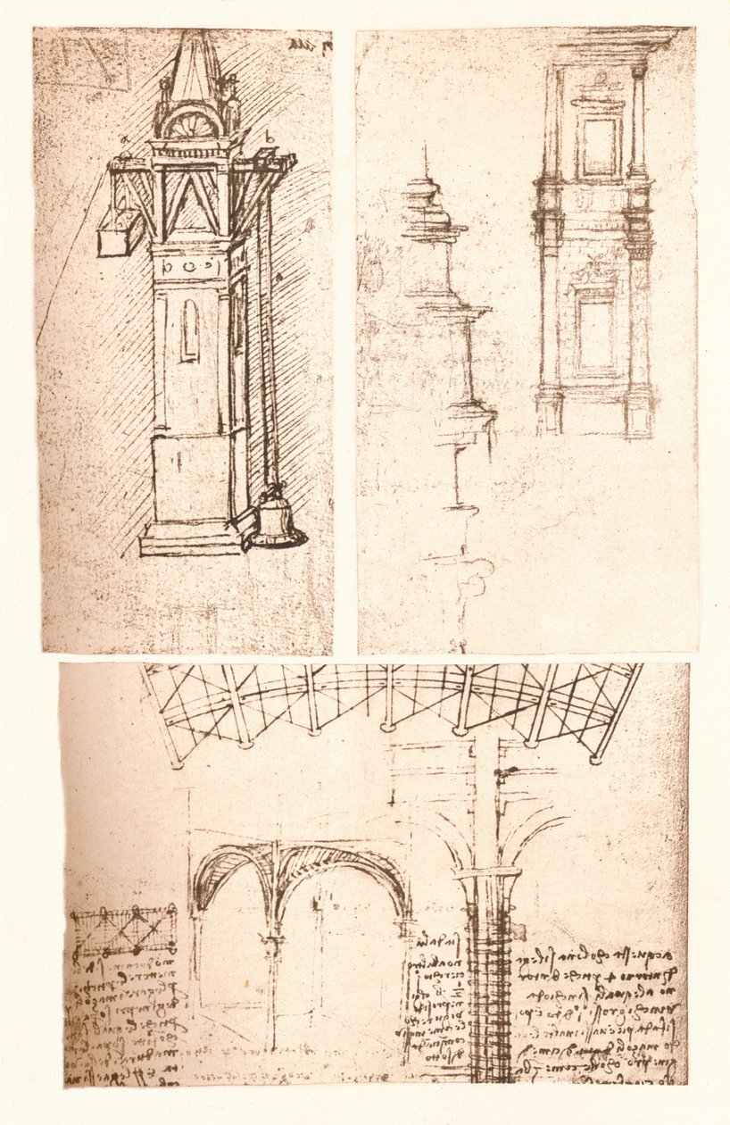 Tre arkitektoniska ritningar, c1472-c1519 1883 av Leonardo da Vinci
