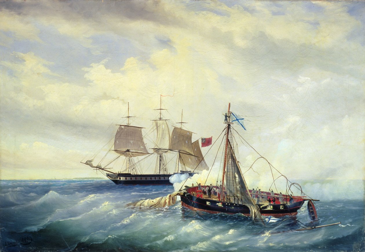 Strid mellan det ryska skeppet Opyt och en brittisk fregatt, utanför Nargen Islands kust, 11 juni 1808, 1889 av Leonid Demyanovich Blinov
