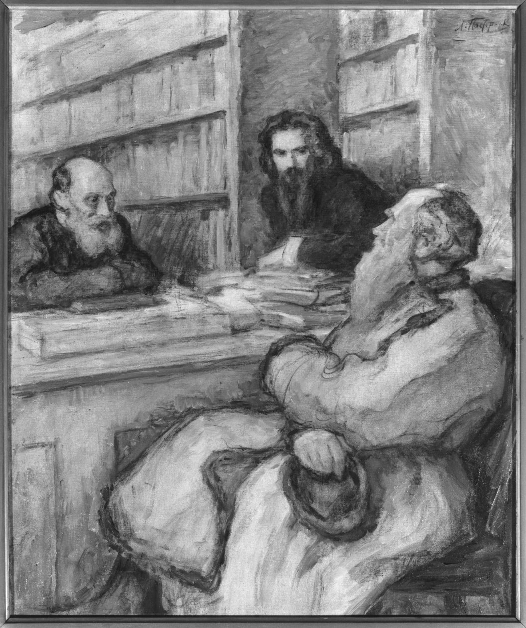 Leo Tolstoj med Nicholas Fedorov och Vladimir Solovyov, ryska filosofer av Leonid Osipovic Pasternak