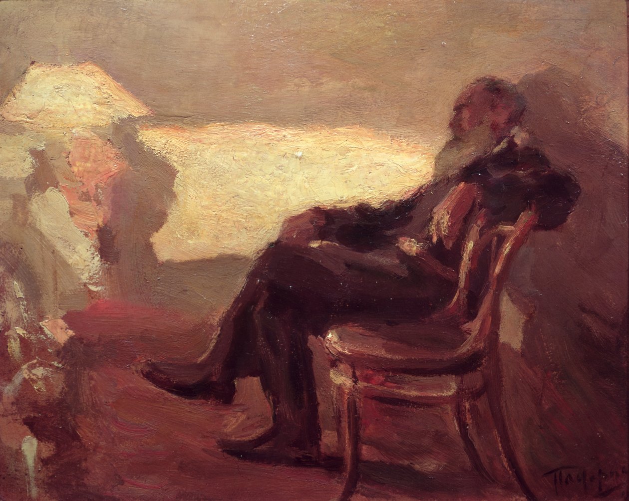 Lev Nikolaevich Tolstoy (1828-1910) 1901 (olja på kort) av Leonid Osipovic Pasternak