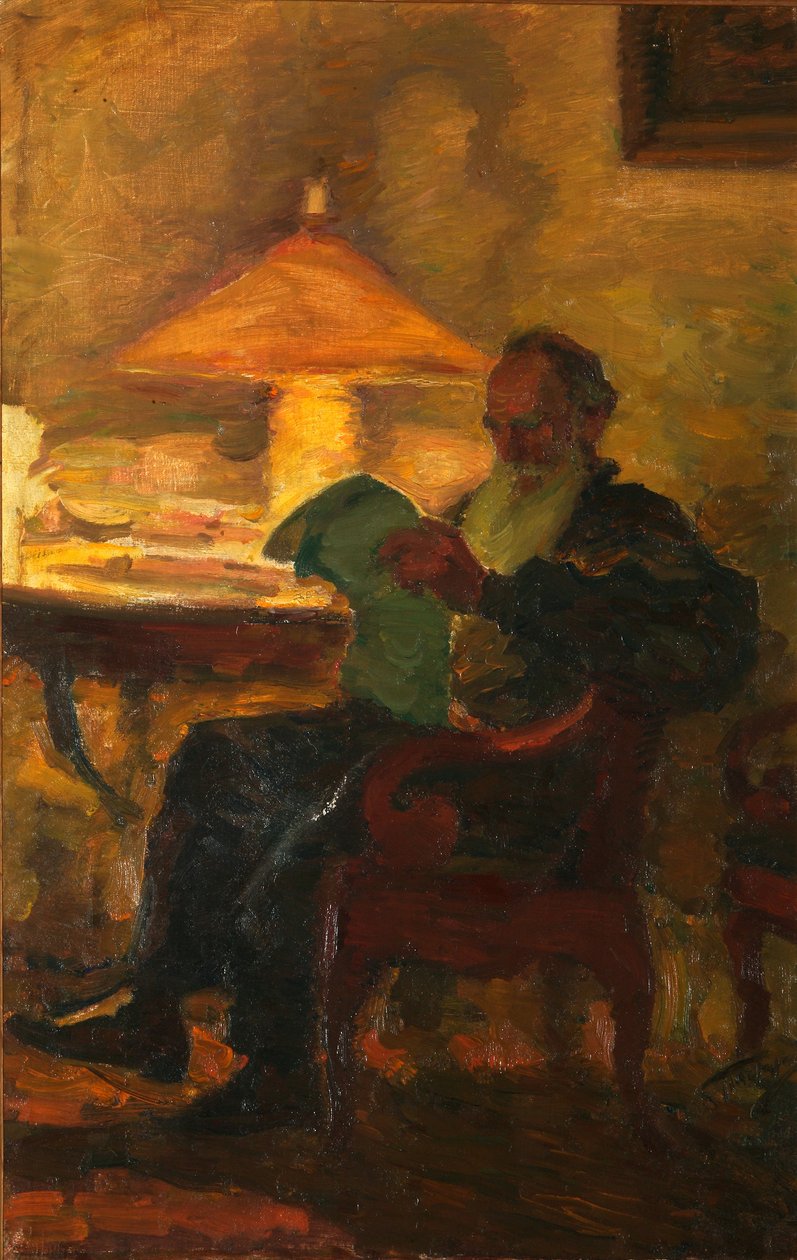 Leo Tolstoj med en tidning, 1901 av Leonid Osipovic Pasternak