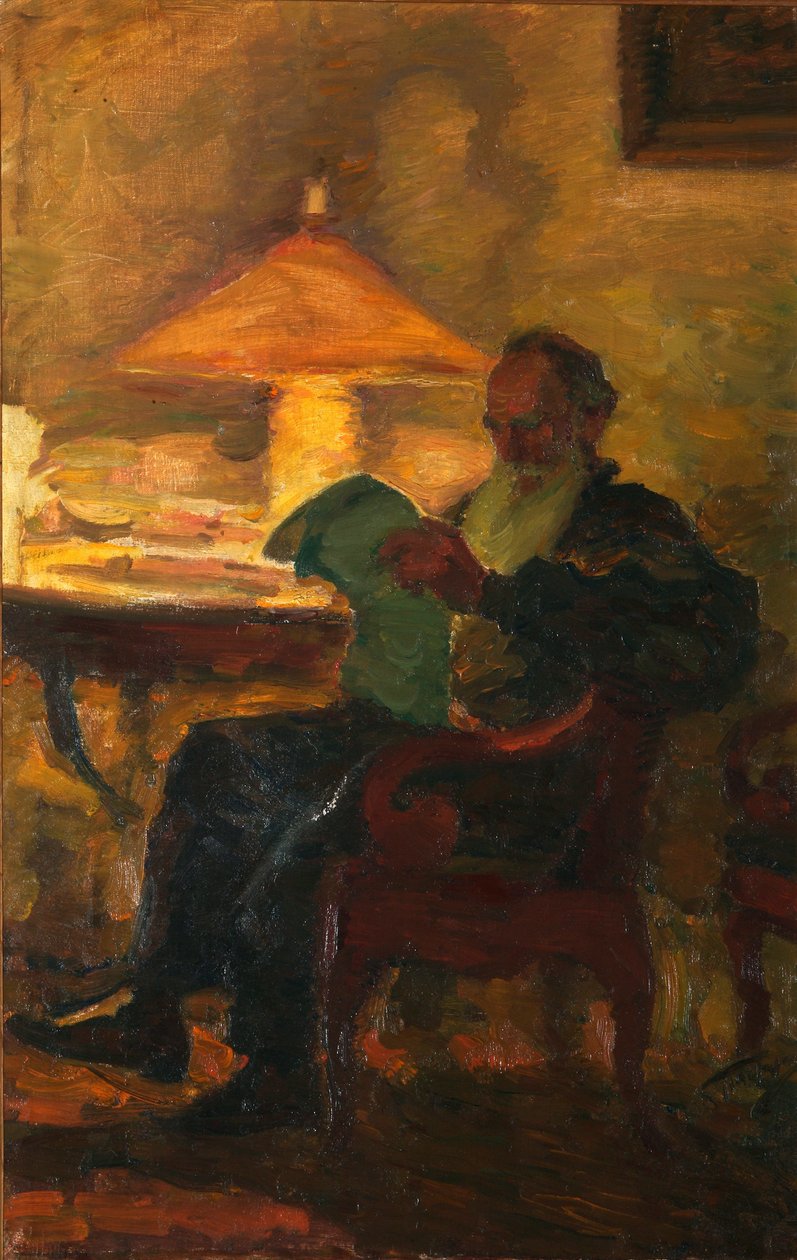 Leo Tolstoj med en tidning