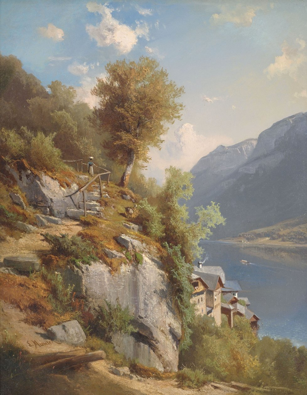 Sommarlandskap med utsikt över sjön Hallstatt av Leopold Munsch