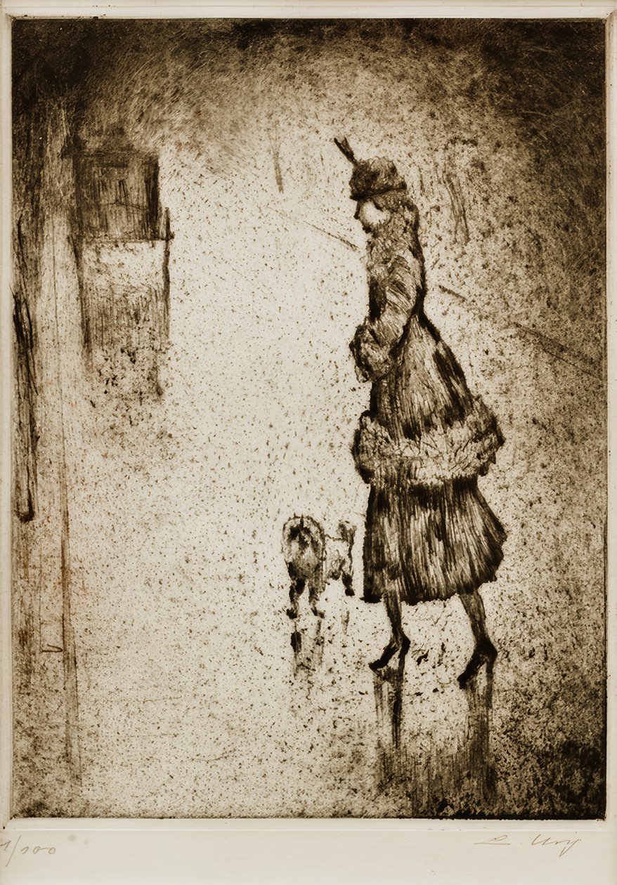 Dam med en pudel på en blöt gata (hytt till vänster) av Lesser Ury