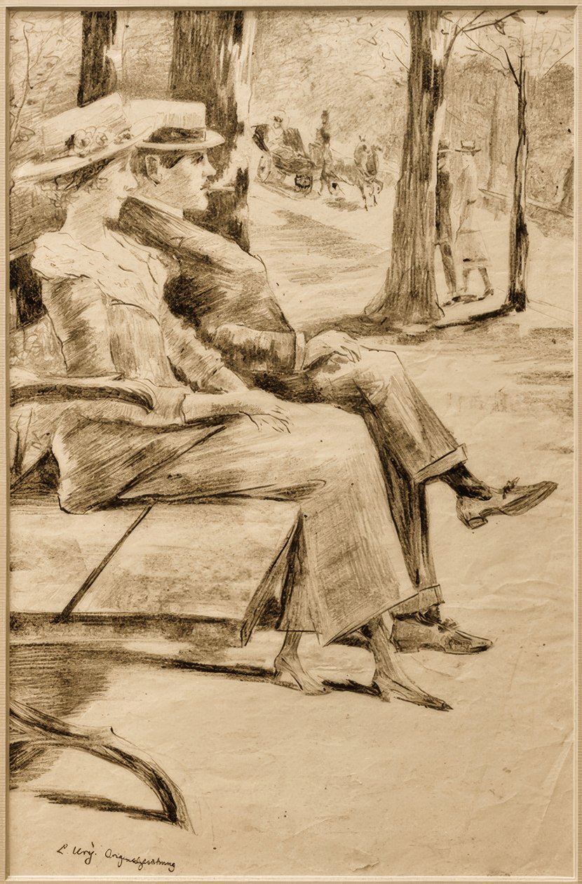 Dam och rökande herre på en bänk i djurparken av Lesser Ury