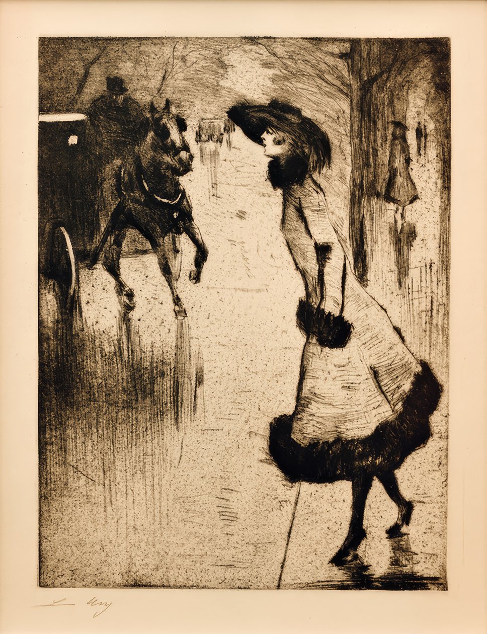 Dam som ringer en hästdragen vagn av Lesser Ury