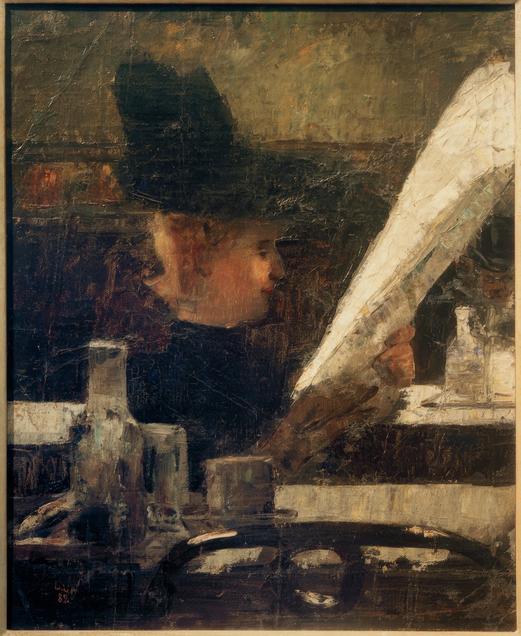 Tidningsläsare på kaféet (dam på kaféet) av Lesser Ury