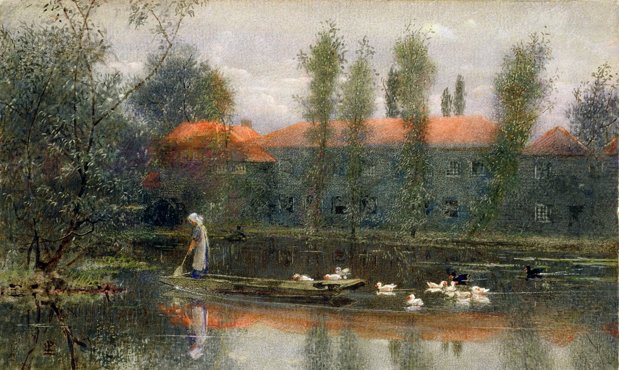 William Morris verk i dammen i Merton Abbey (wc och gouache på papper) av Lexden L. Pocock