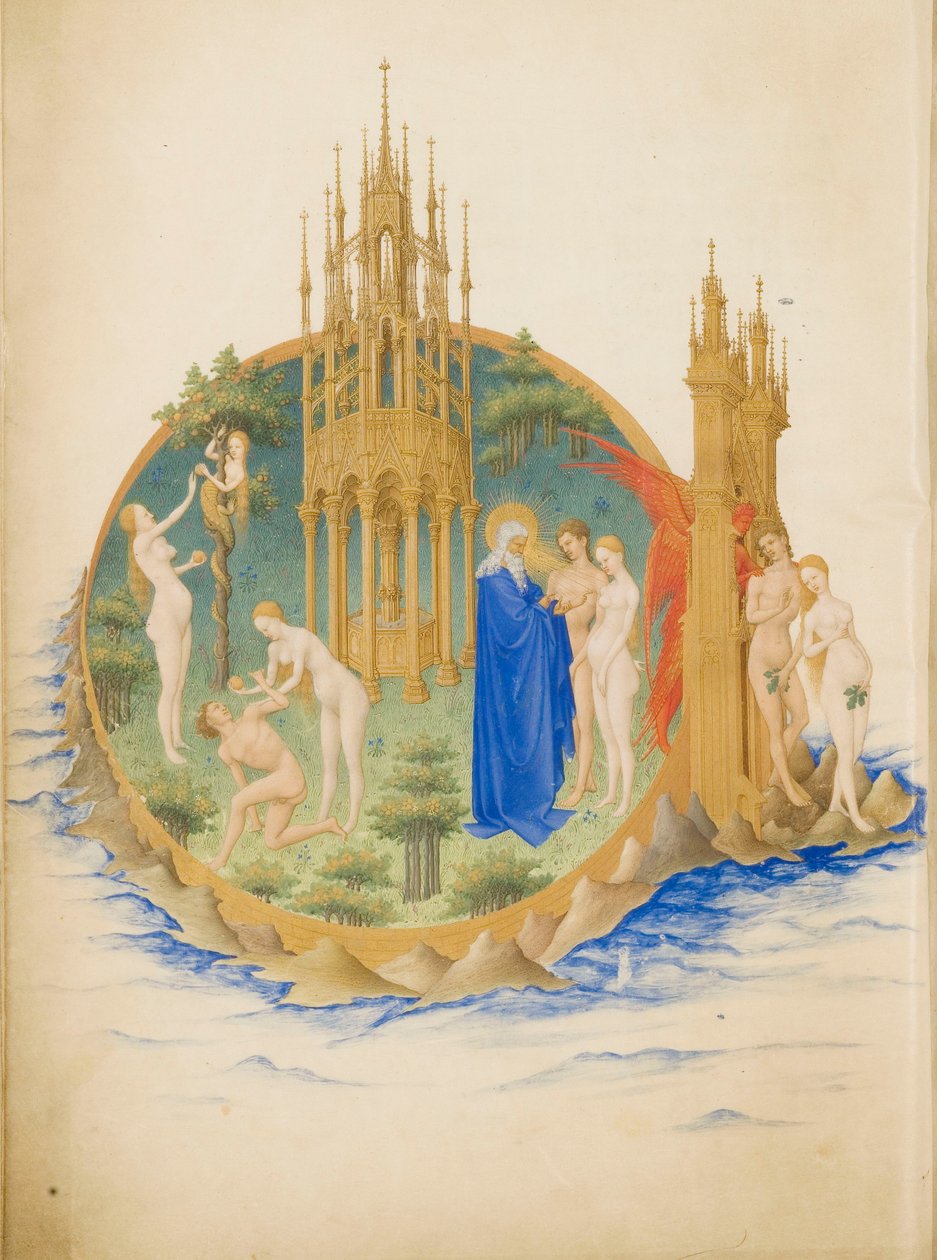 Très Riches Heures du Duc de Berry Folio 25, verso: Edens lustgård av Limbourg Brothers