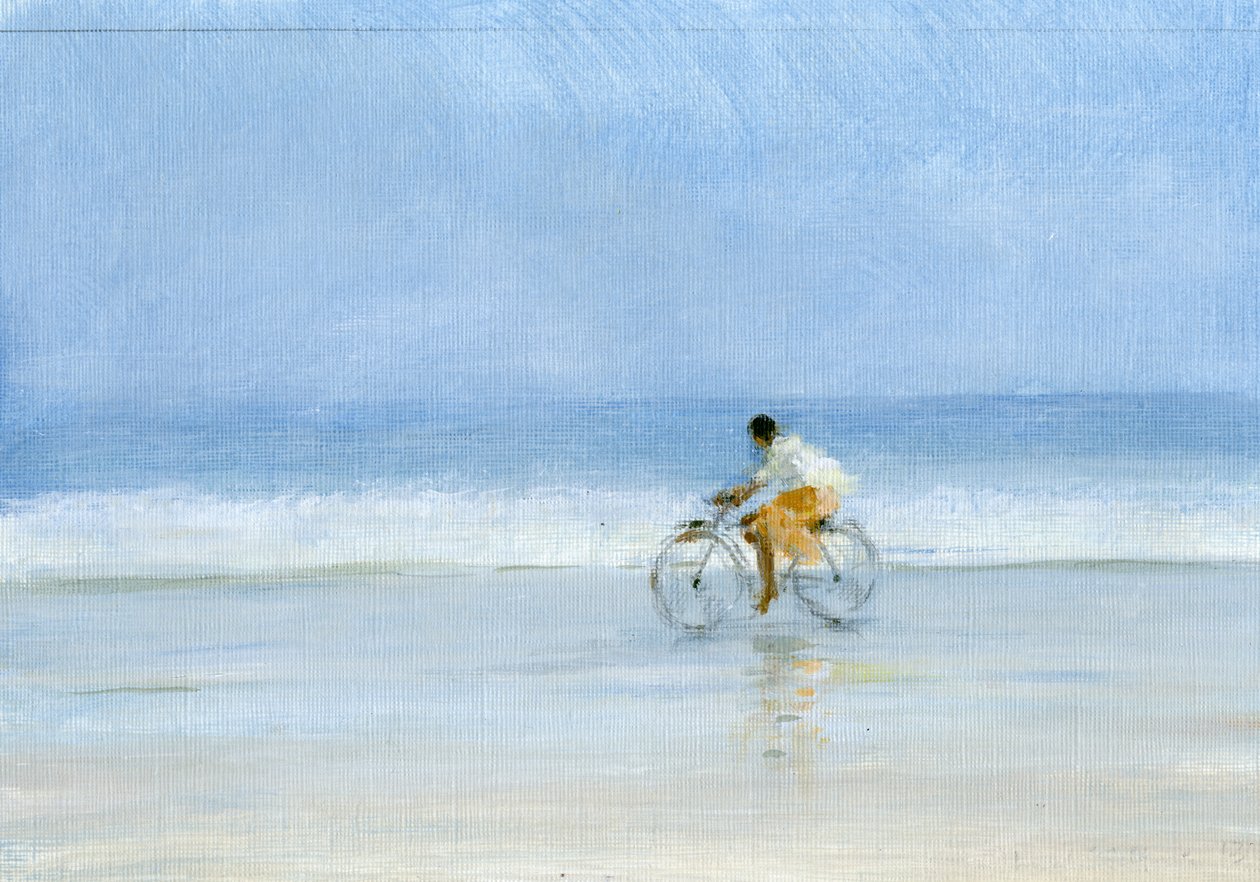 Pojke på cykel (akryl på papper) av Lincoln Seligman