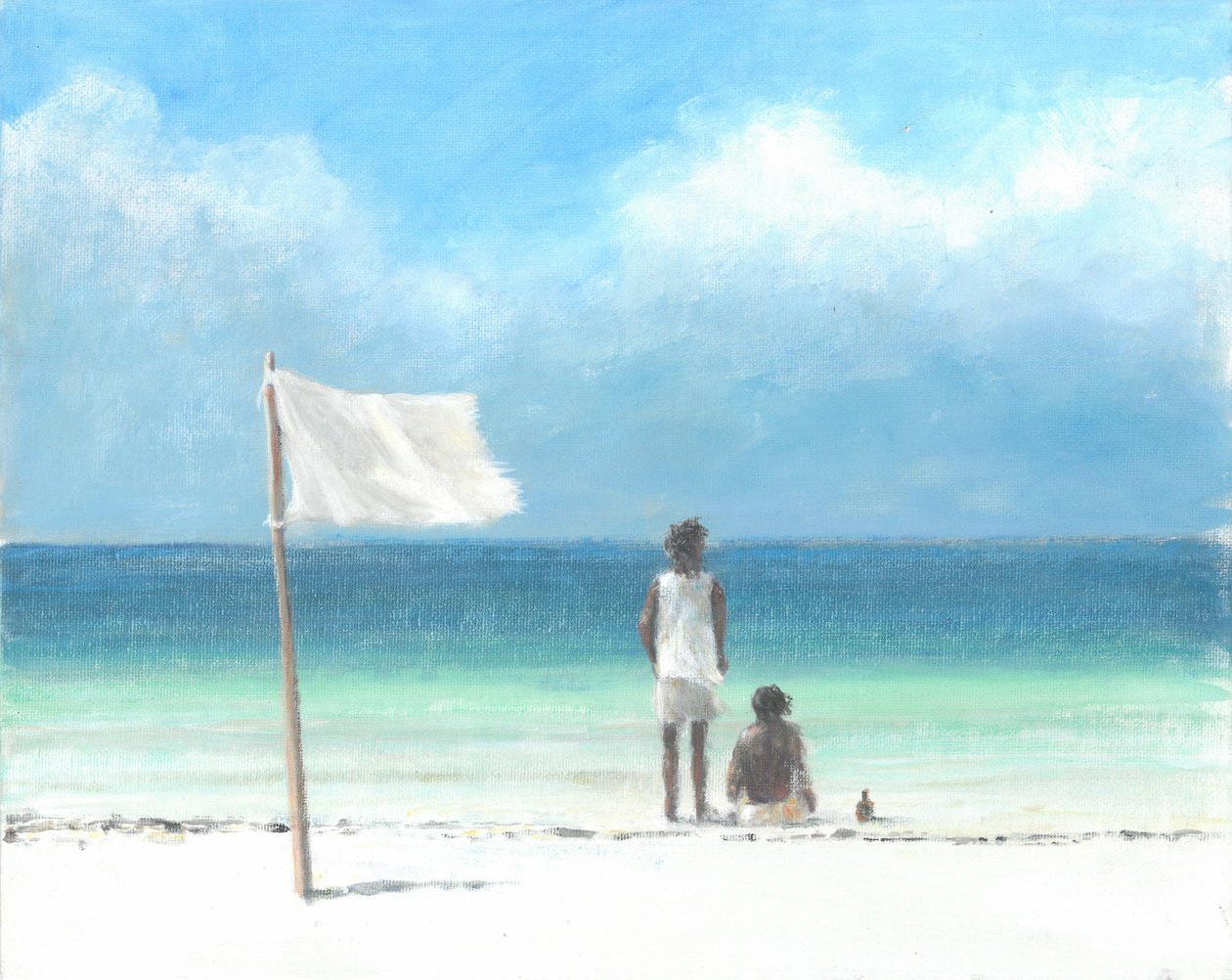 Boys on Beach, Kenya (akryl på papper) av Lincoln Seligman