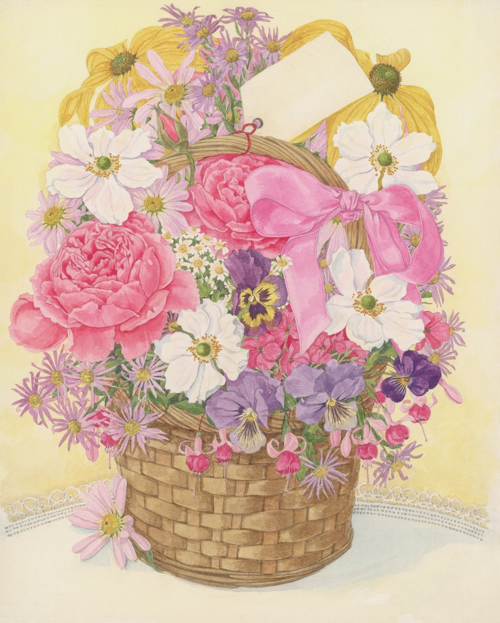 Basket of Flowers, 1995 (wc på papper) av Linda Benton