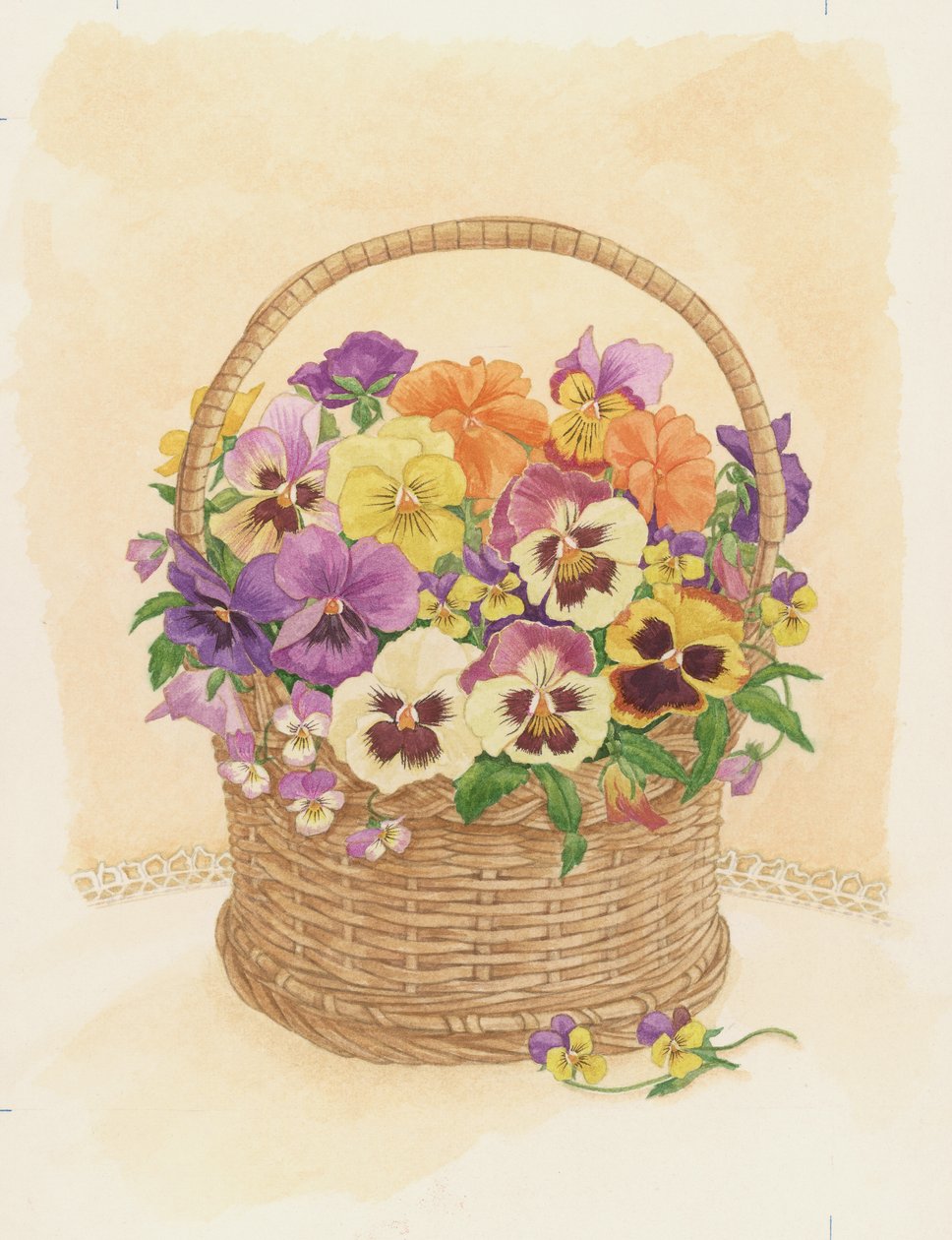 Basket of Pensies, 1998 (wc på papper) av Linda Benton