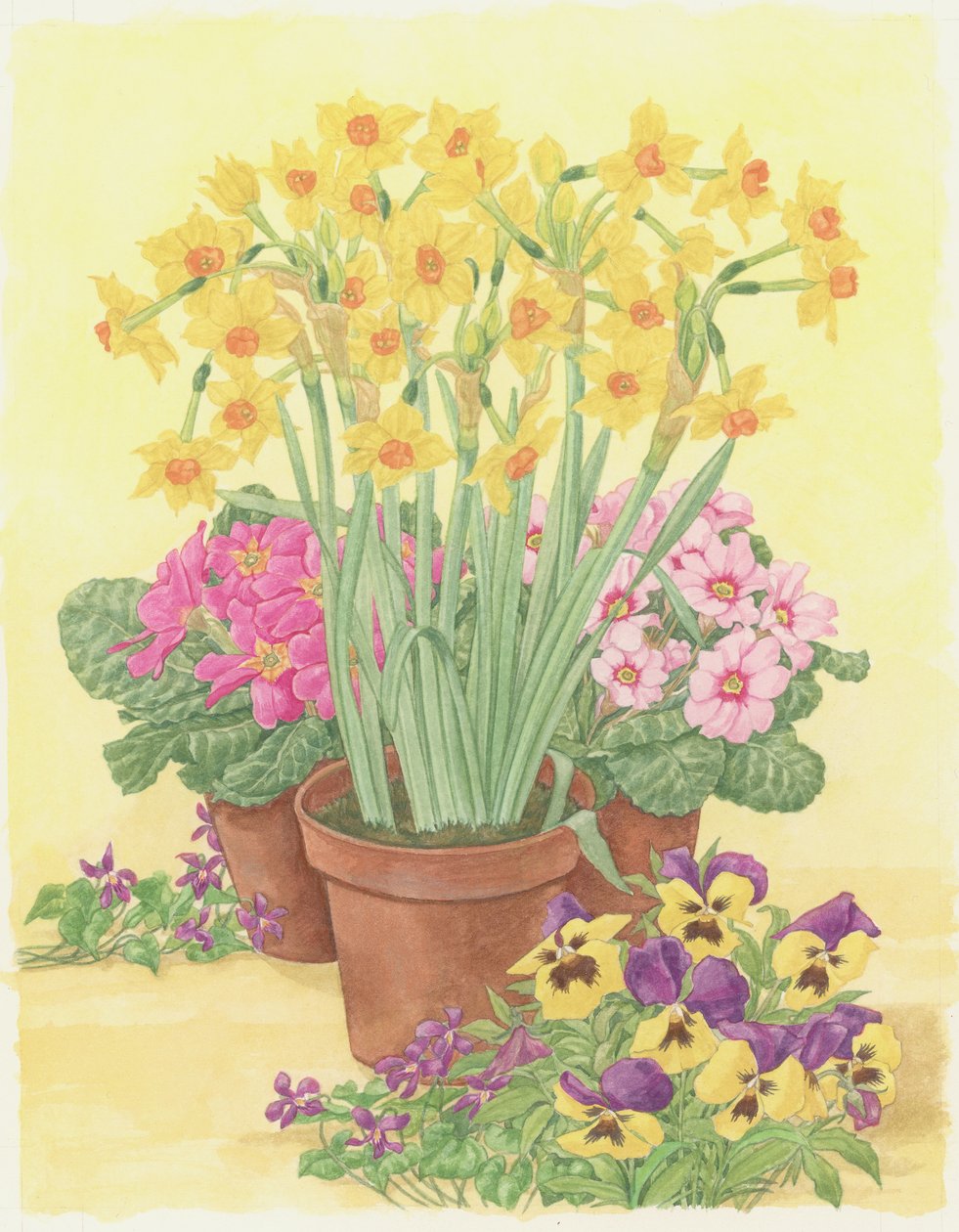 Krukor med vårblommor, 2003 (wc på papper) av Linda Benton