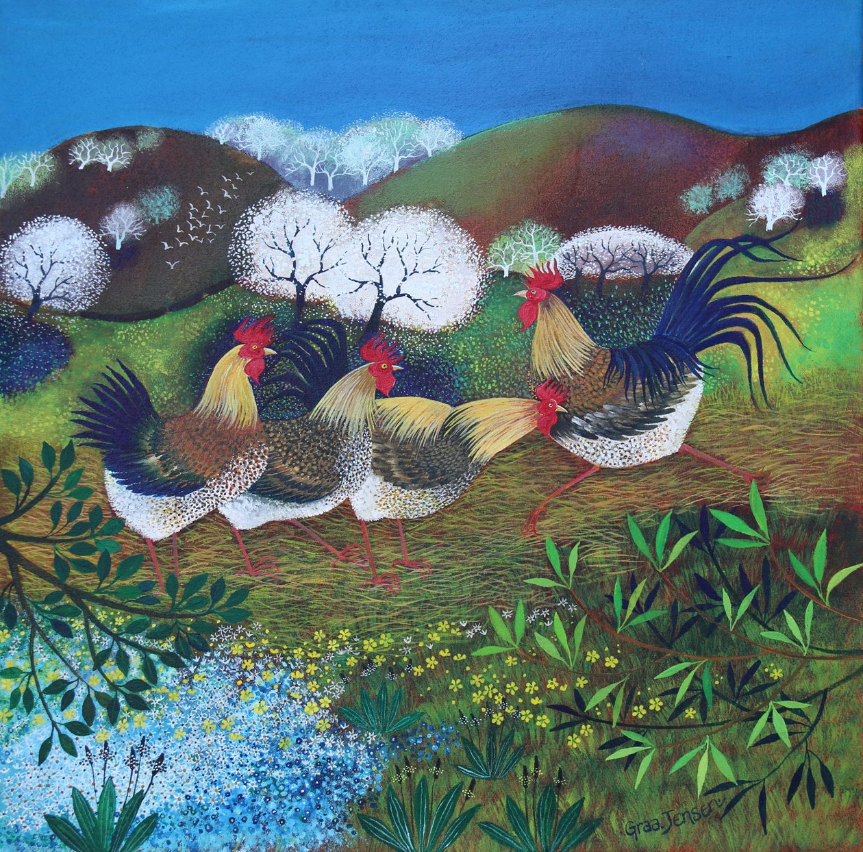 Rollicking Roosters, 2024 (akryl på linne) av Lisa Graa Jensen