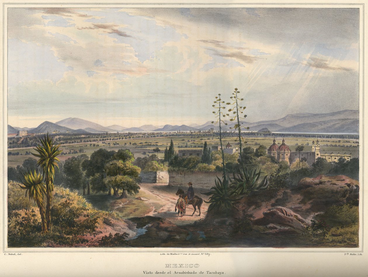 Mexico, visto desde el Arsobisbado de Tacubaya. Mexico City seen from Tacubaya. Hand-colored lithograph highlighted with gum arabic. Original size (neat lines) av Frederic Mialhe