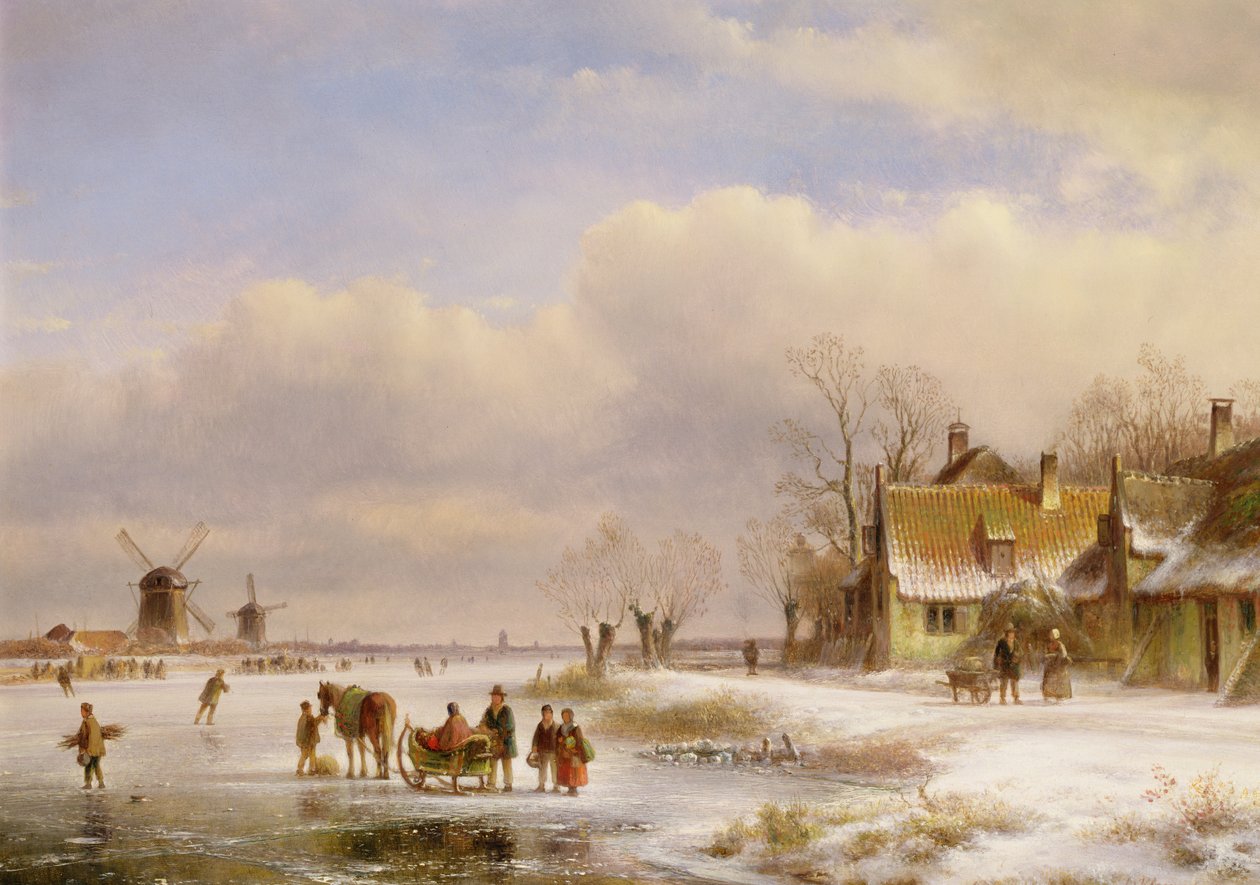 Snöbild med väderkvarnar i fjärran, 1800-talet av Lodewijk Johannes Kleyn