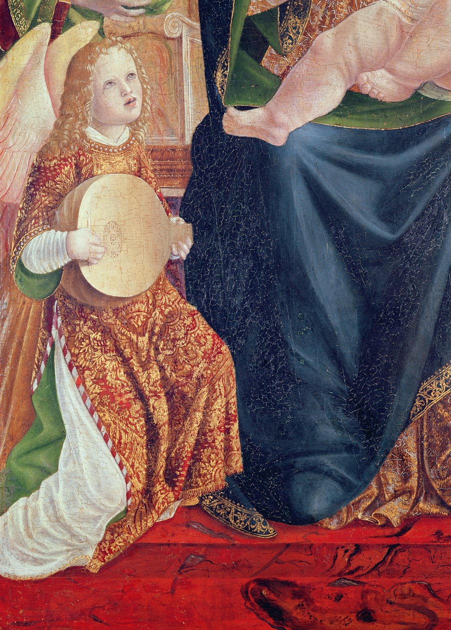 Madonna and Child with Angel Musicians, detalj av en ängel som spelar lut, ca 1490-1500 (tempera på panel) av Lombard School