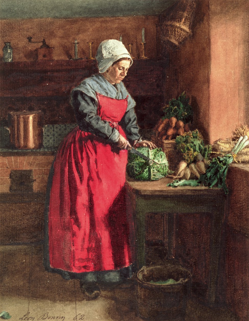 Cook with Red Apron, 1862 (wc, gouache, penna och bläck och grafit på papper) av Léon Bonvin