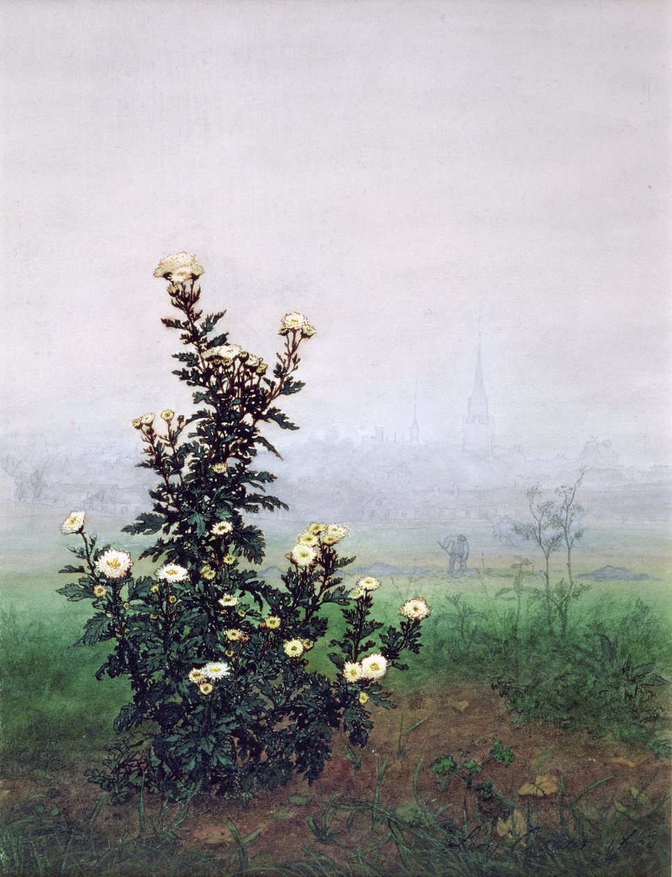 Blommande krysantemum med arbetare, 1863 (wc, gouache, penna och bläck och penna på papper) av Léon Bonvin
