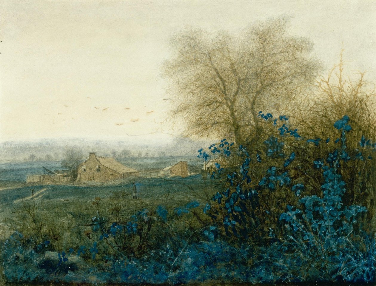 Landscape with a Farmhouse and a Peasant Wheeling a Barrow av Léon Bonvin