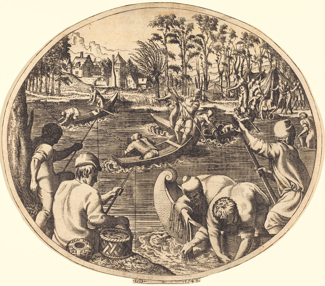 Fiske Scen av Léon Davent after Francesco Primaticcio