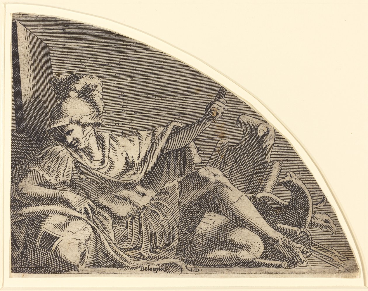 Mars sitter på troféer av Léon Davent after Francesco Primaticcio