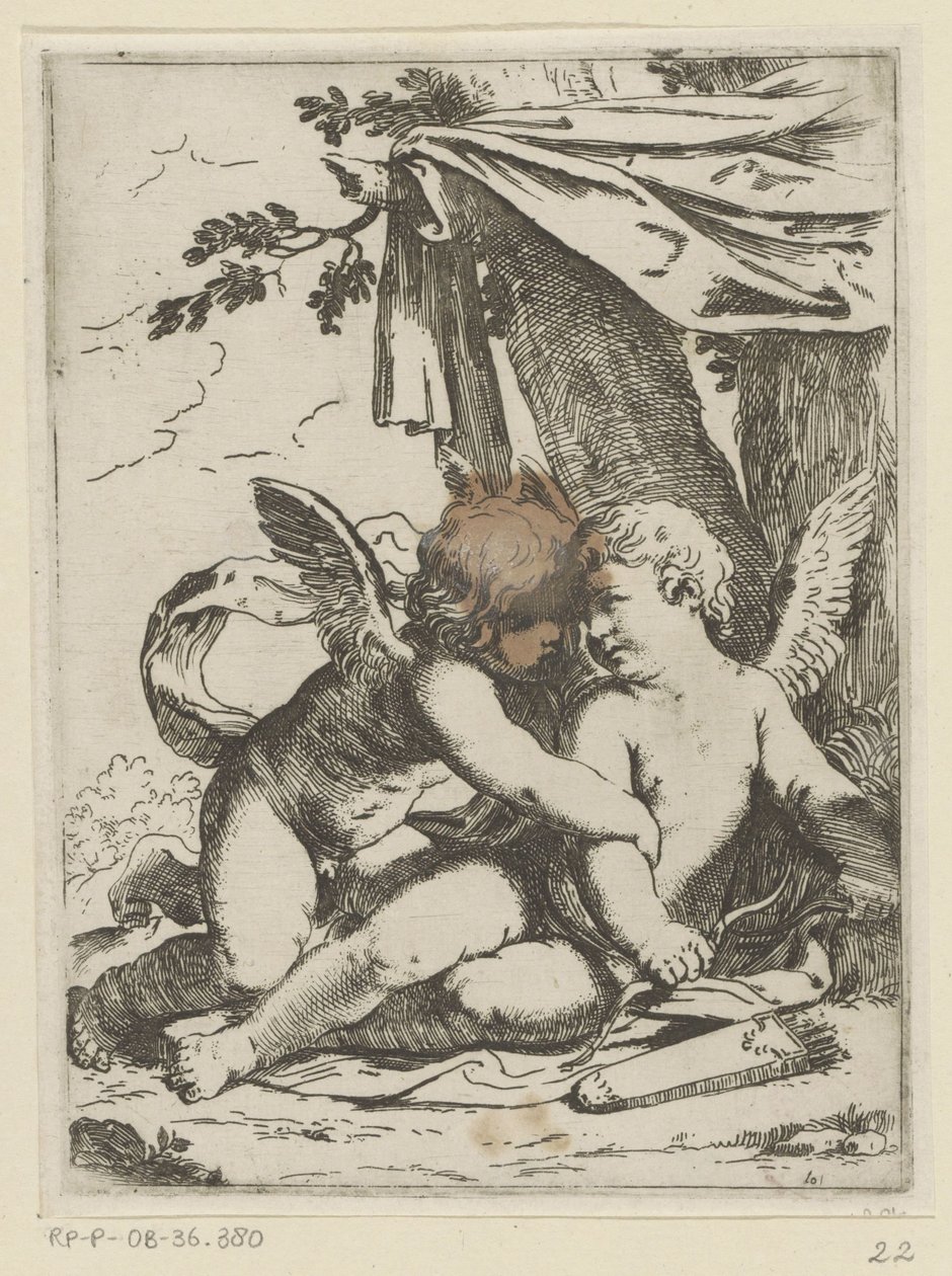 Två putti under en tältduk av Lorenzo Loli