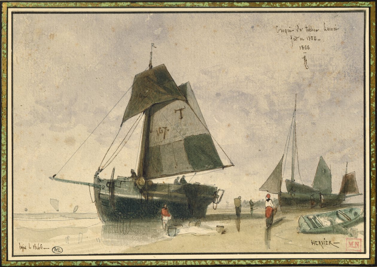Två fiskebåtar, 1856 (penna & bläck och wc på papper) av Louis Adolphe Hervier
