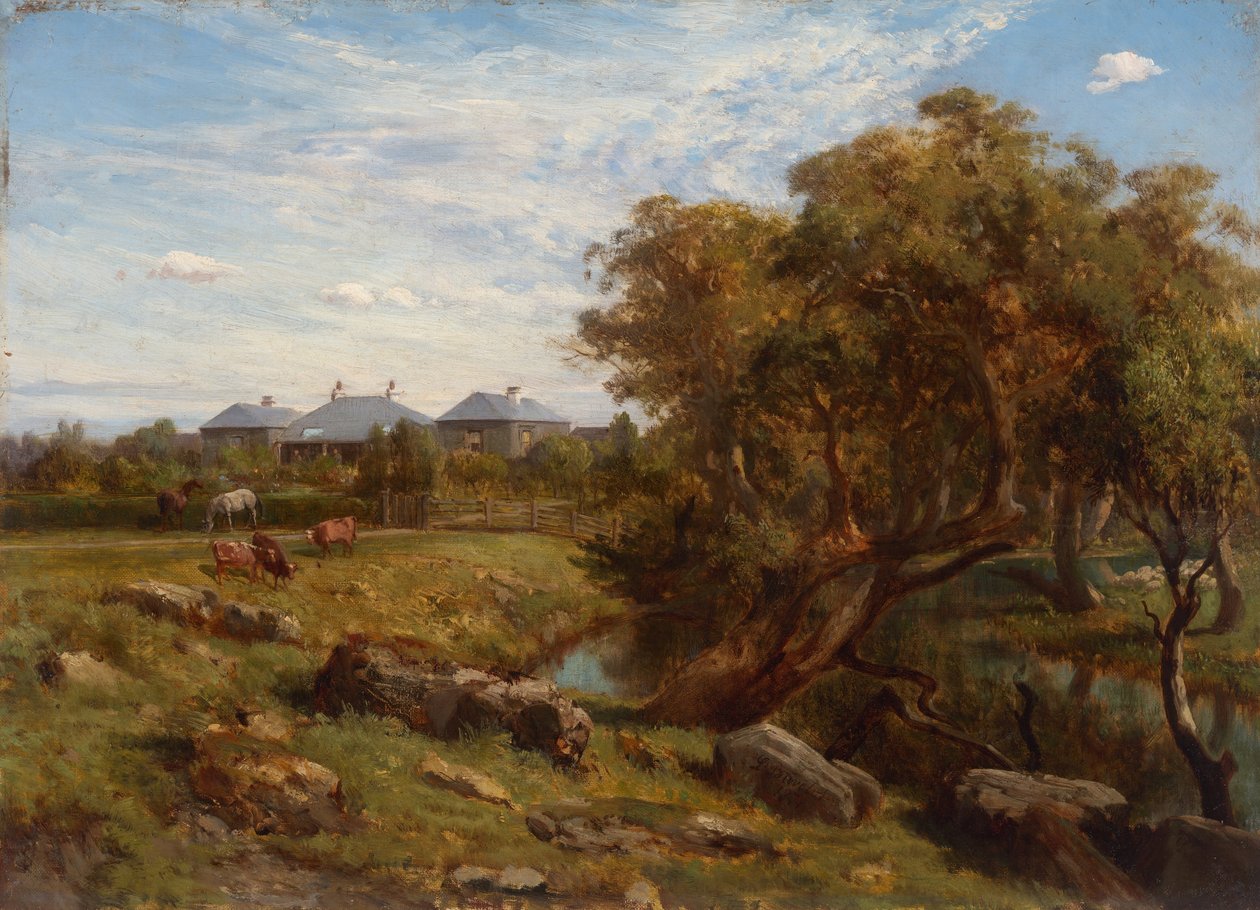 Terrinallum House and Emu Creek from near the lower garden gate av Louis Buvelot