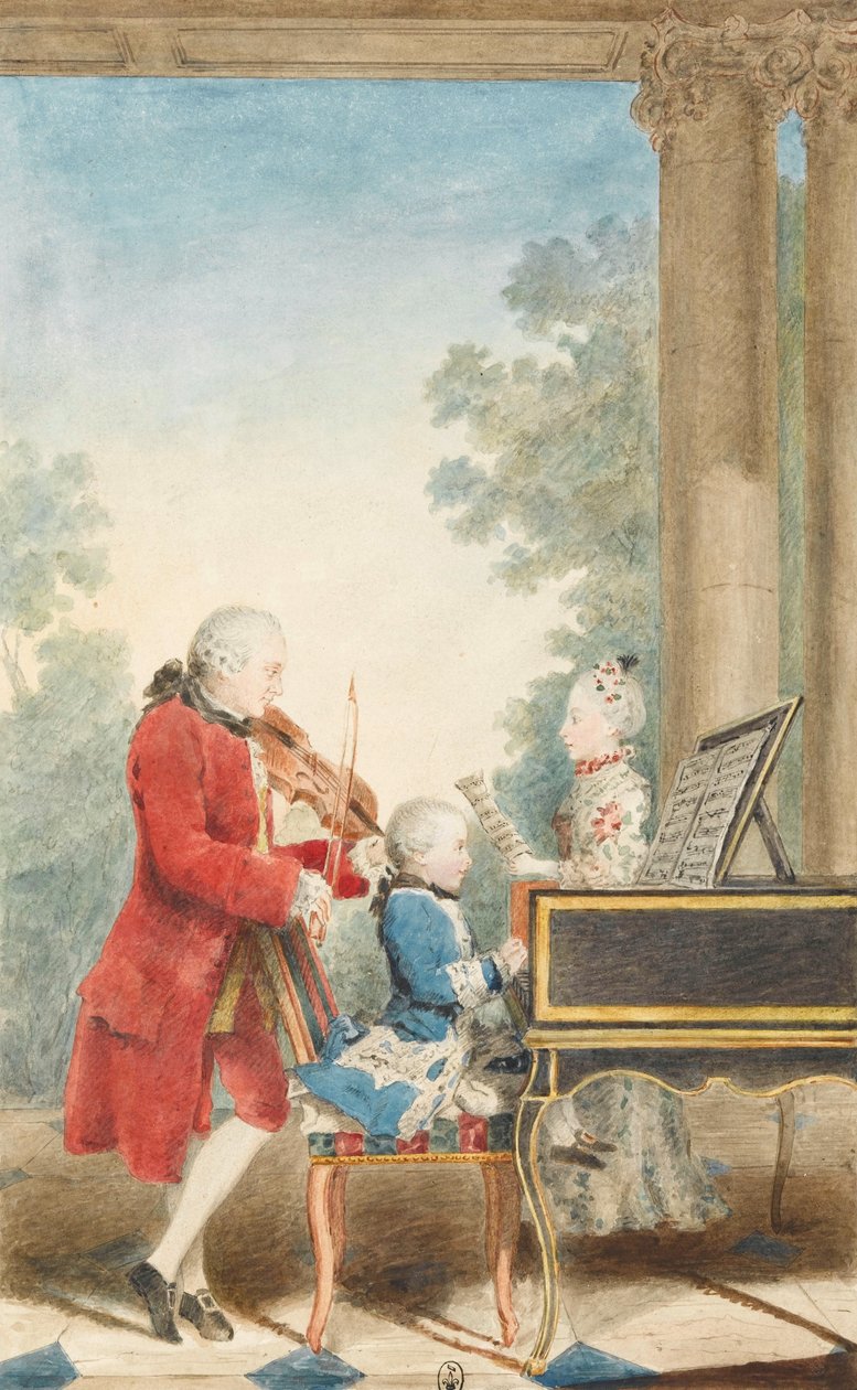 Portrait de Wolfgang Amadeus Mozart (Salzbourg, 1756-Vienne, 1791) jouant à Paris avec son père Jean... av Louis Carrogis dit Carmontelle