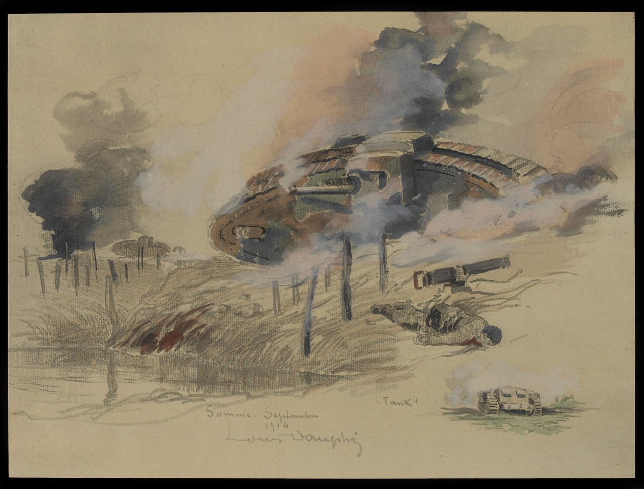 Stridsvagn på Somme, september 1916 (wc och blyerts på papper) av Louis Dauphin