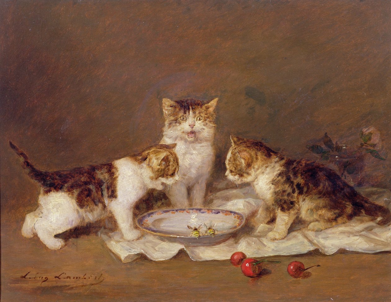 Tre katter, röda körsbär och bin av Louis Eugene Lambert