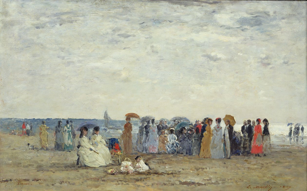 Simmare på Trouville-stranden, 1869 (olja på trä) av Eugene Louis Boudin