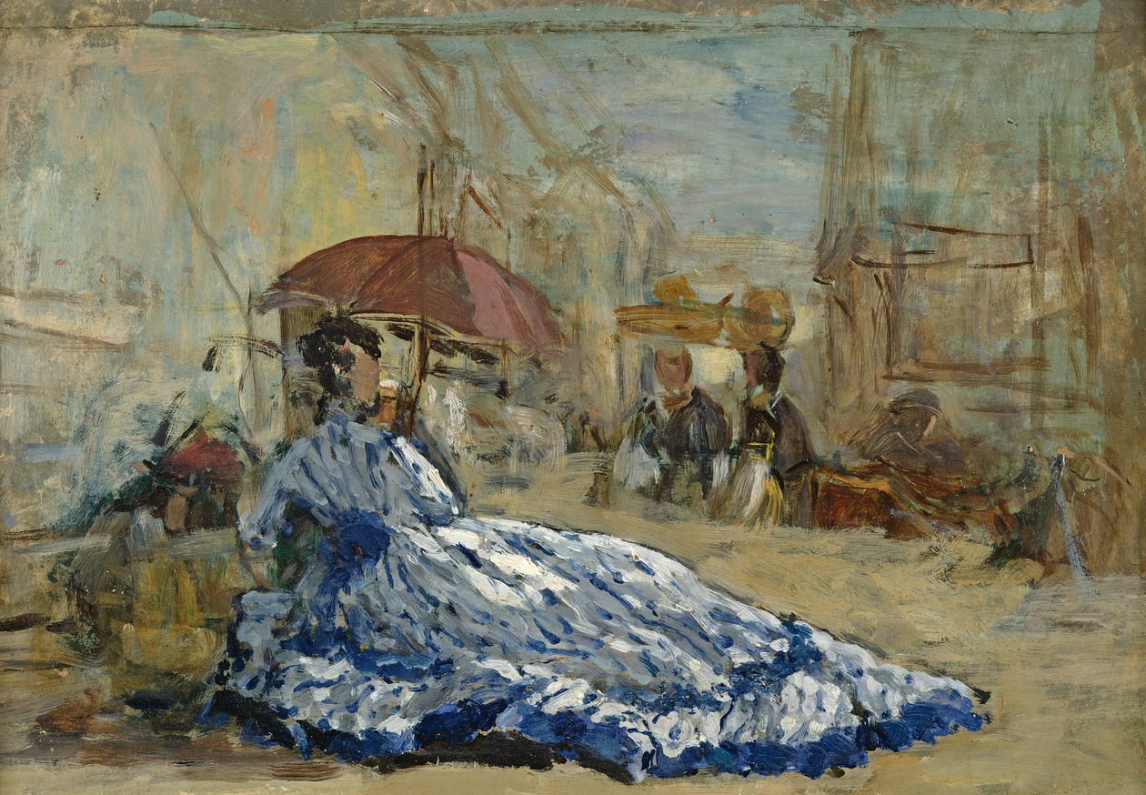 Kvinna i en blå klänning under ett parasoll, ca 1865 (olja på kort) av Eugene Louis Boudin