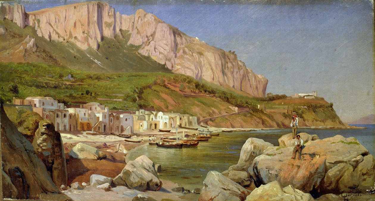 En fiskeby vid Capri (olja på papper på duk) av Louis Gurlitt
