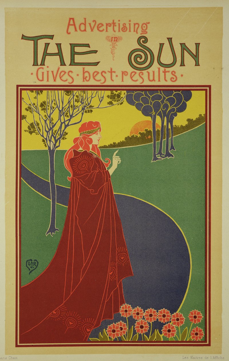 Reproduktion av en affisch som annonserar "The Sun", en amerikansk tidning av Louis John Rhead