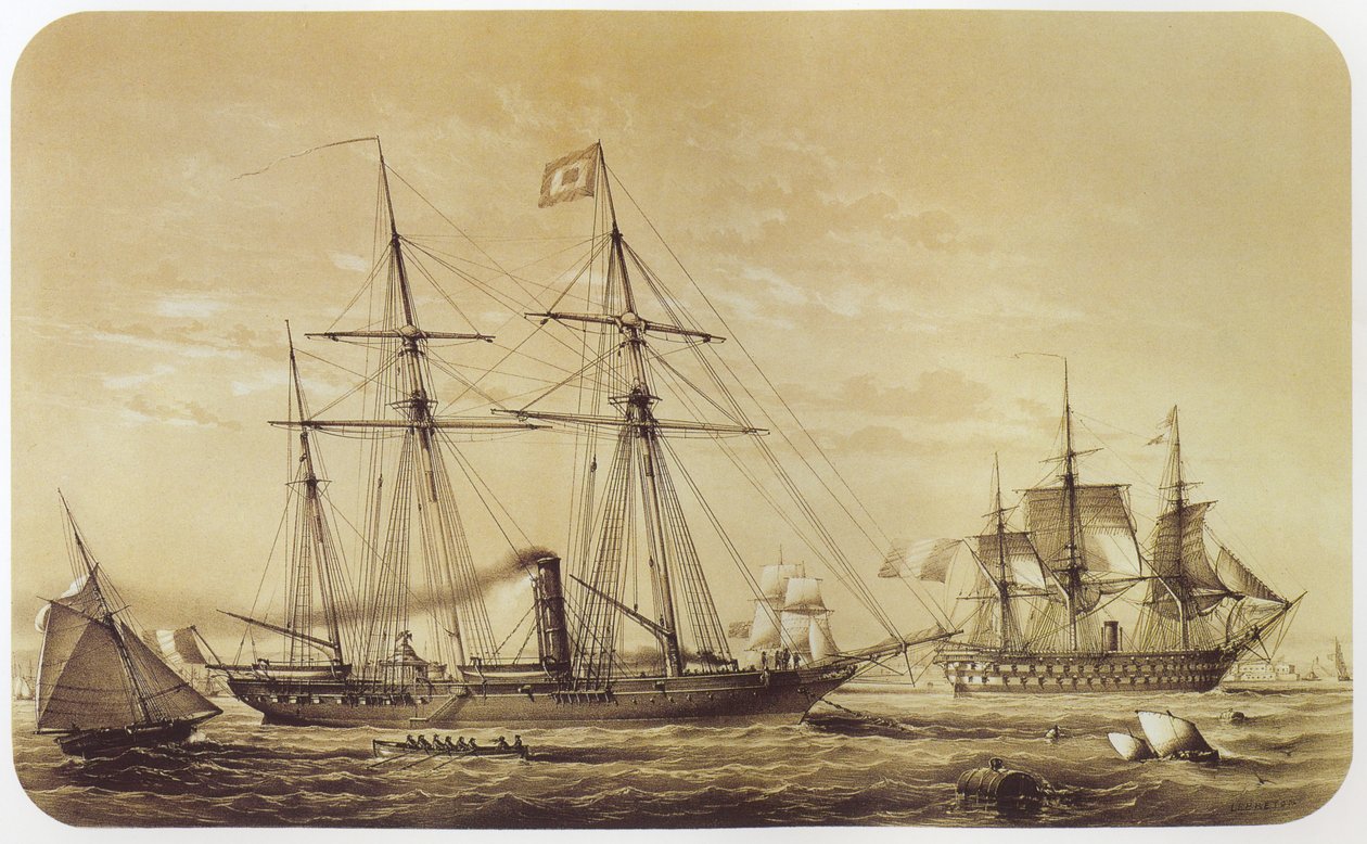 Reine Hortense, kejsarinna till Napoleon III. Linjeskeppet Austerlitz syns i bakgrunden. av Louis Le Breton