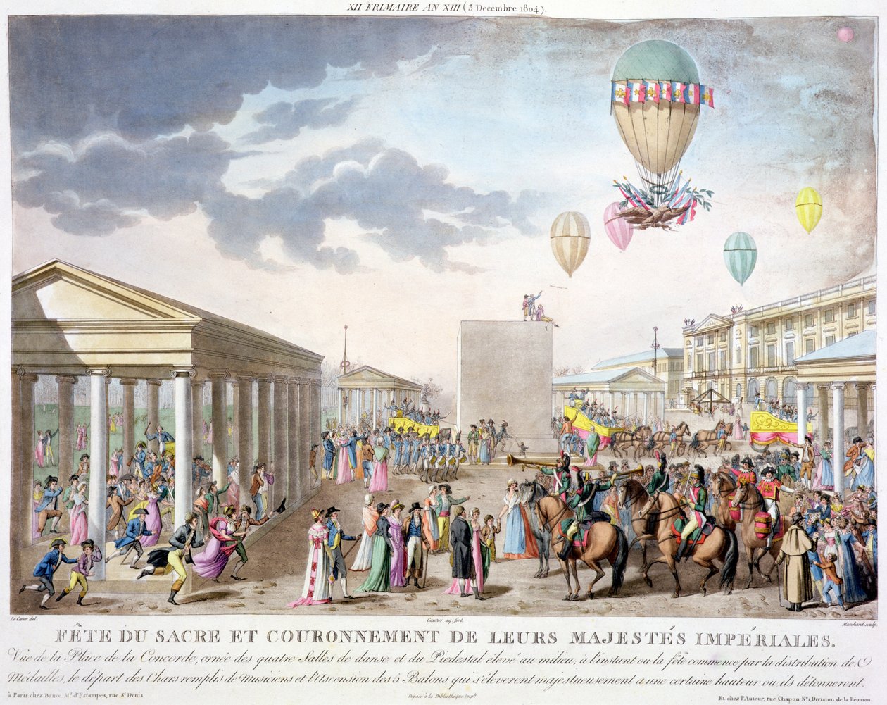 Helig festival och kröning av deras kejserliga majestäter, utsikt över Place de la Concorde, Paris, graverad av Marchand, publicerad 1806 (handtonad gravyr) av Louis Le Coeur