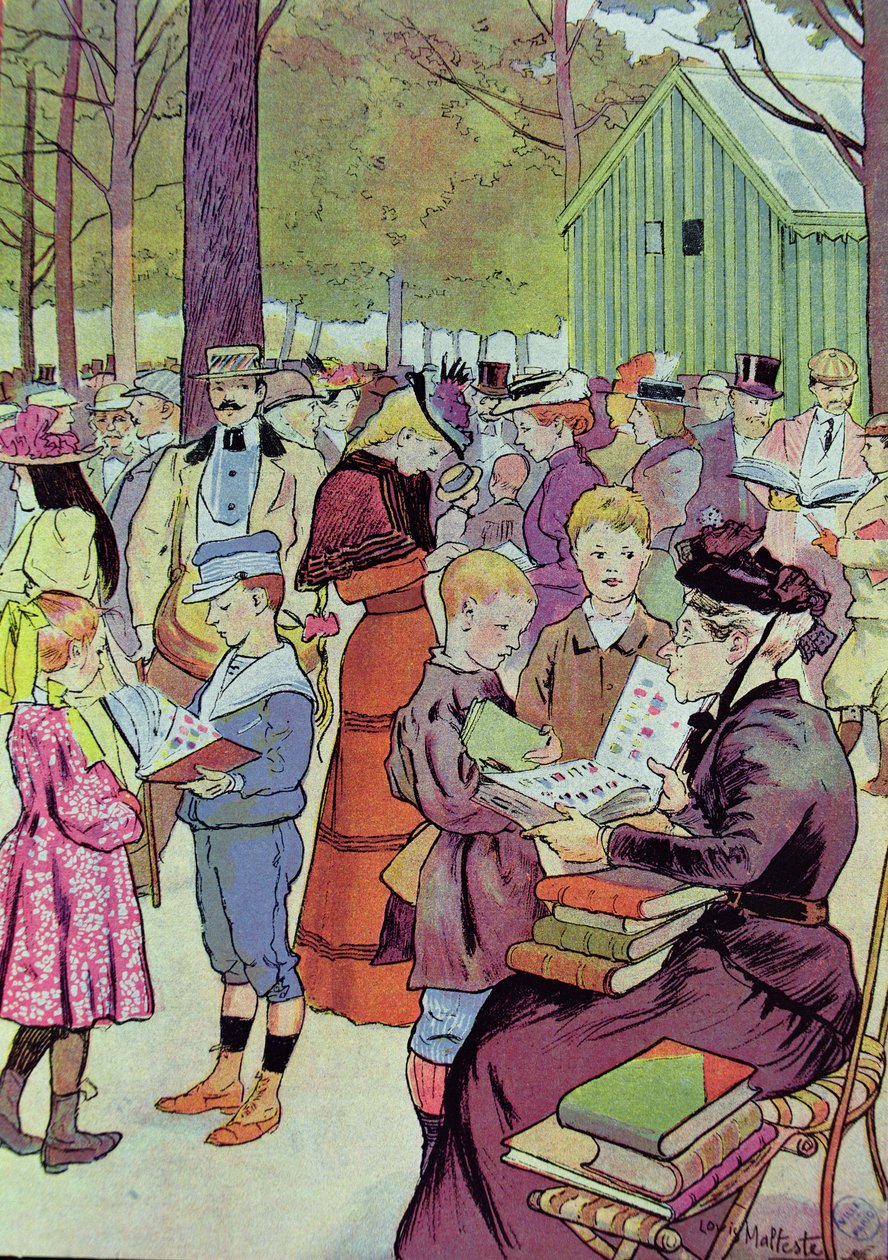 Frimärksmarknaden i Paris, 1897 (färgstick) av Louis Malteste