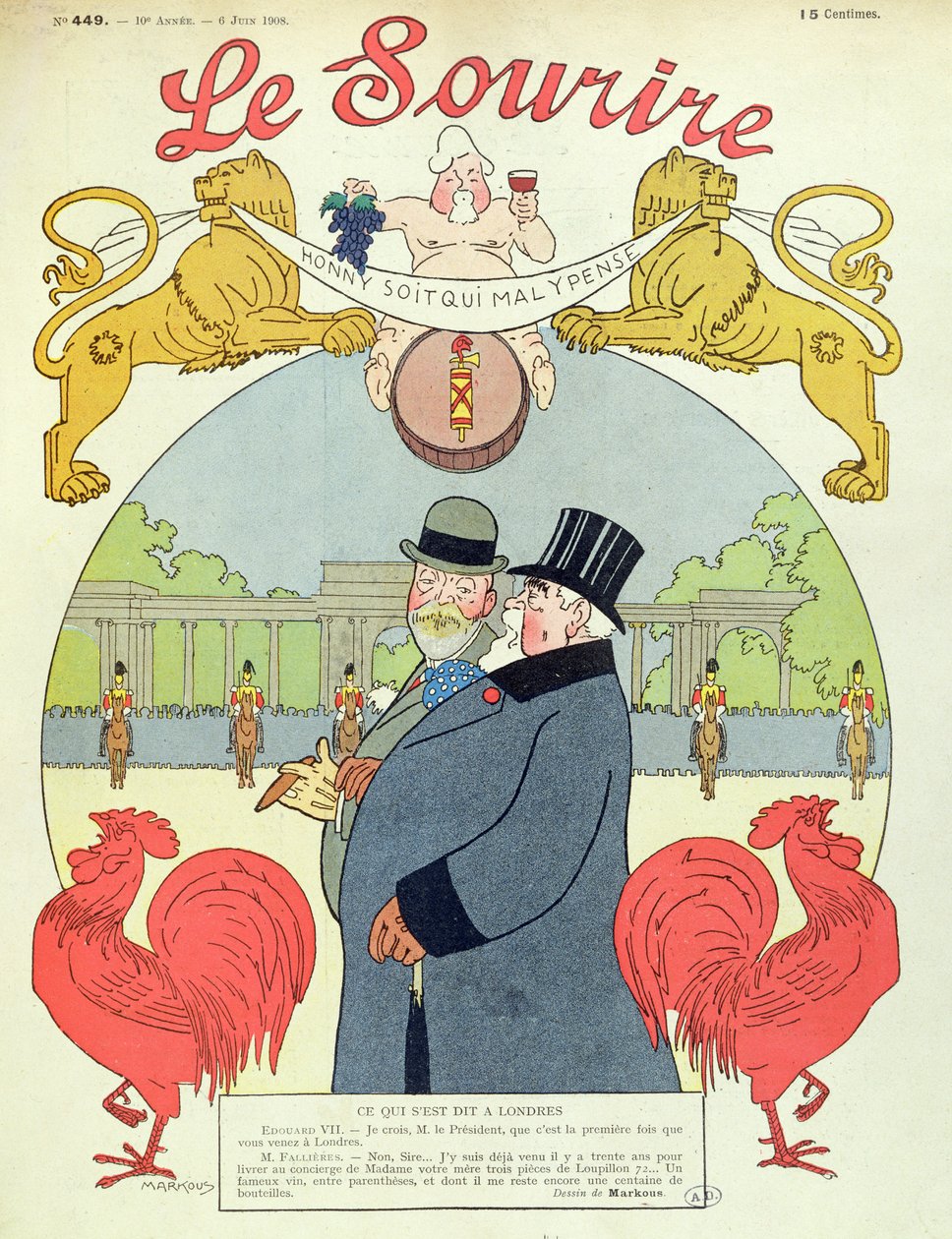 President Armand Fallieres (1841-1931) med kung Edward VII (1841-1910) omslag till tidskriften "Le Sourire", 6 juni 1908 av Louis Marcoussis