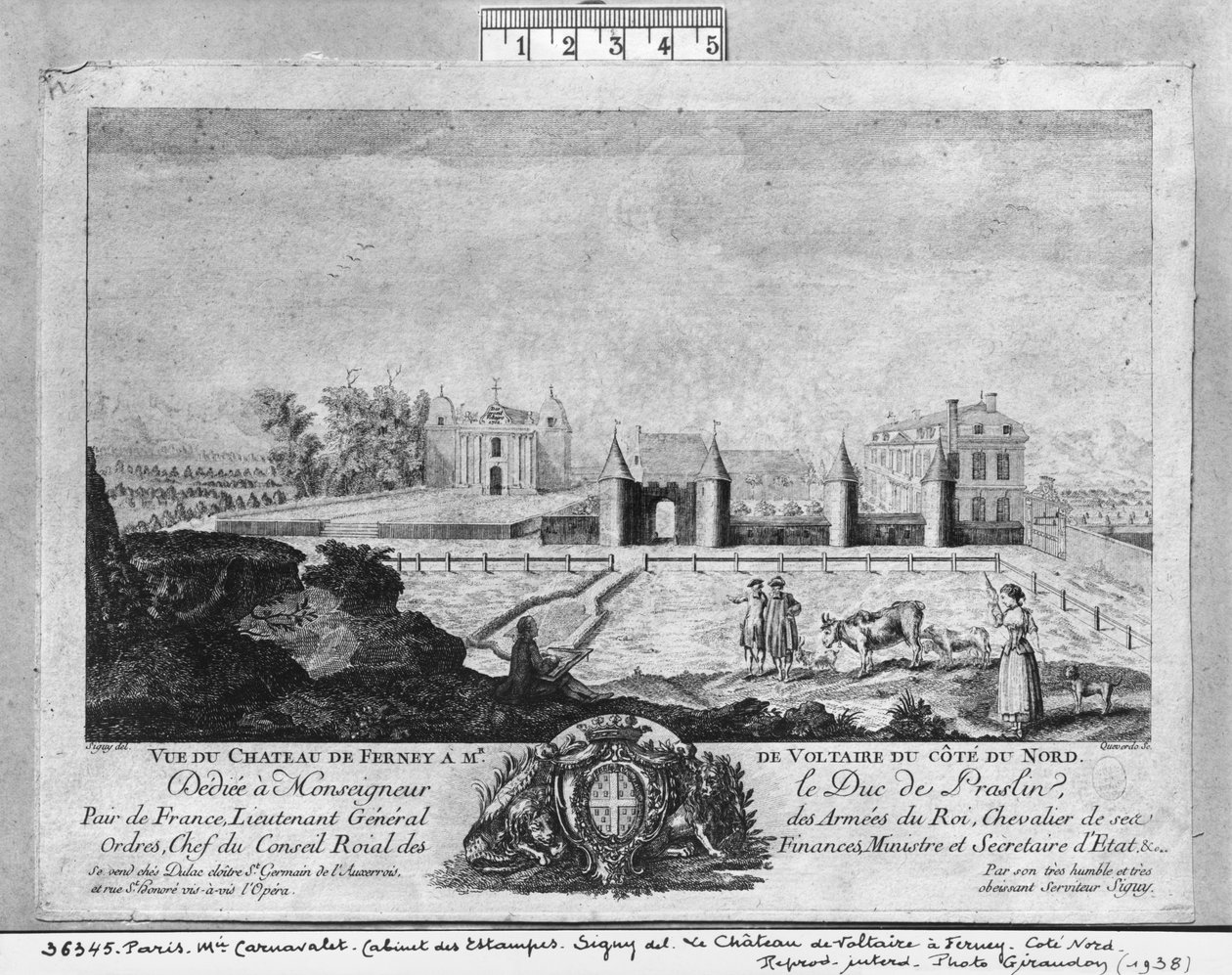 Voltaires hus i Ferney, norra sidan, graverat av Francois, Maria, Isidore Queverdo (1748-97) av Louis Signy