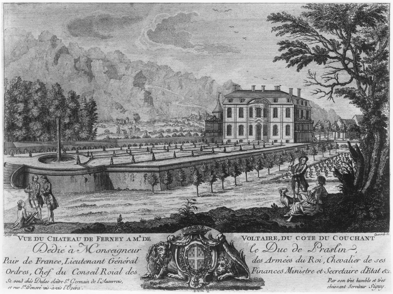 Voltaires hus i Ferney, västra sidan, graverat av Francois, Maria, Isidore Queverdo (1748-97) av Louis Signy
