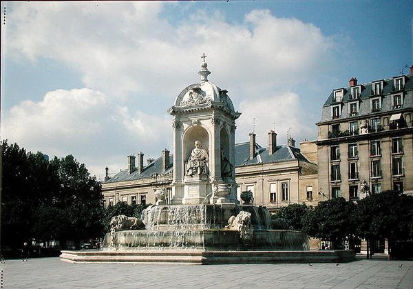 Utsikt över Fontaine des Quatre-Eveques, Place Saint-Sulpice, byggt 1844 av Louis or Ludovico Visconti