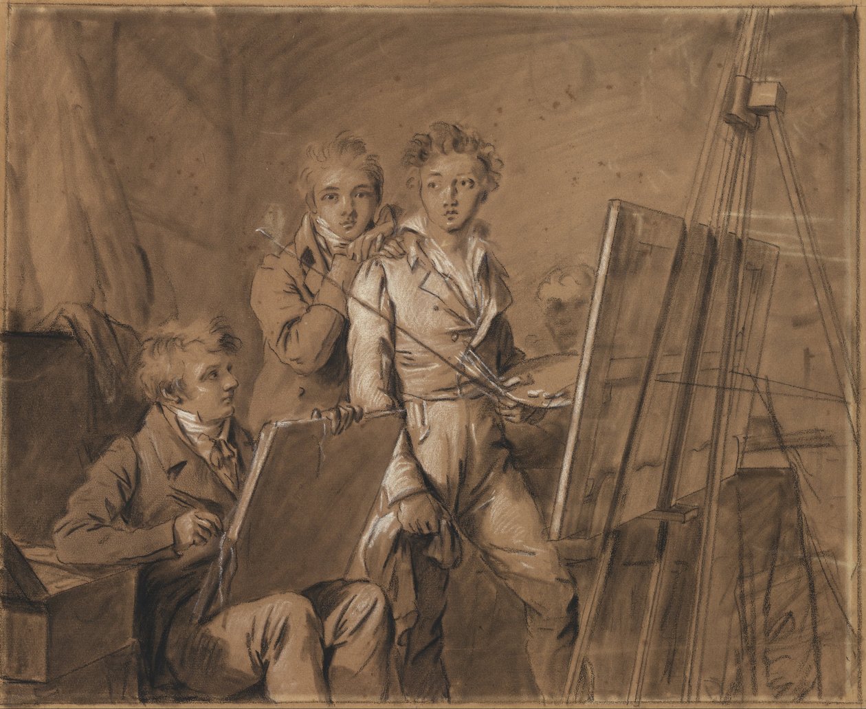 Tre unga konstnärer i en studio av Louis Leopold Boilly