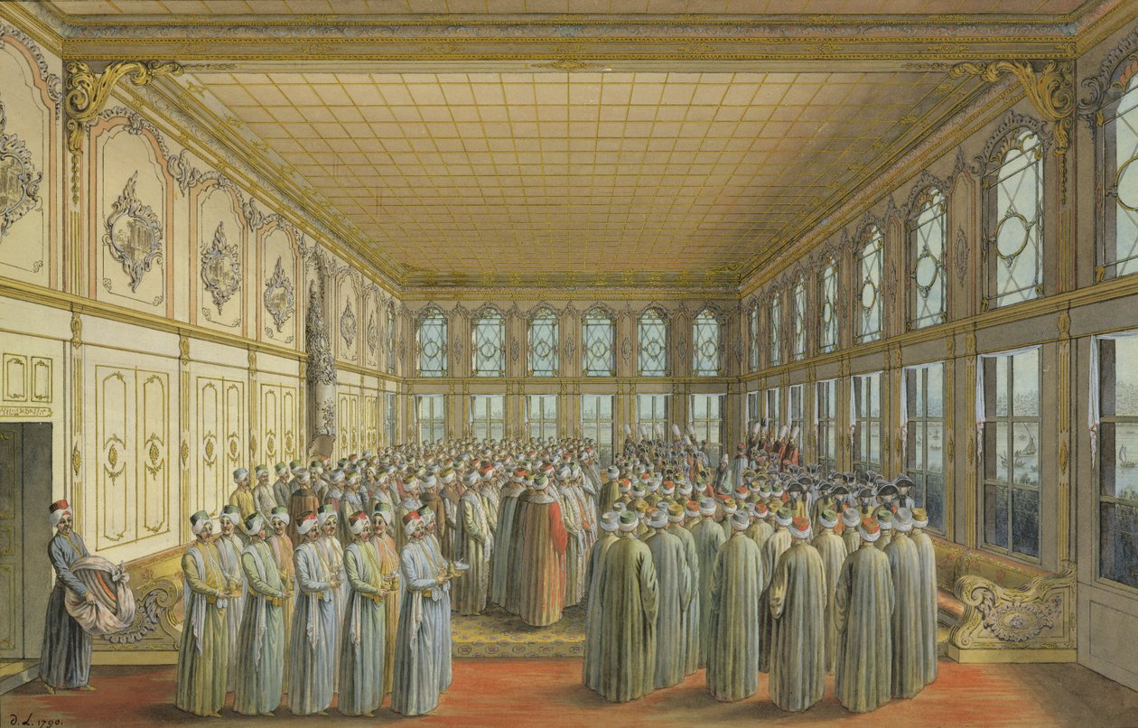 Storvesirens mottagande av en ambassadör vid Topkapipalatset, Konstantinopel, 1790 (wc & kroppsfärg med krita, penna och bläck på papper) av Louis Nicolas de Lespinasse